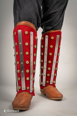 Splinted Suede Leather Greaves Red-GoblinSmith