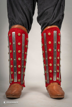 Splinted Suede Leather Greaves Red-GoblinSmith