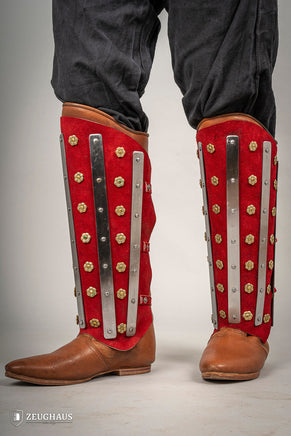 Splinted Suede Leather Greaves Red-GoblinSmith