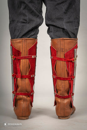 Splinted Suede Leather Greaves Red-GoblinSmith