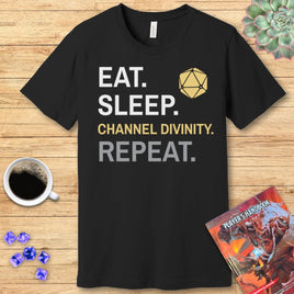 Cleric T-Shirt – 'Eat, Sleep, Channel Divinity, Repeat'-GoblinSmith