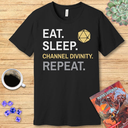 Cleric T-Shirt – 'Eat, Sleep, Channel Divinity, Repeat'-GoblinSmith