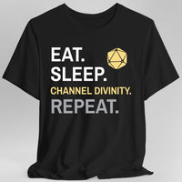 Cleric T-Shirt – 'Eat, Sleep, Channel Divinity, Repeat'-GoblinSmith