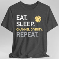 Cleric T-Shirt – 'Eat, Sleep, Channel Divinity, Repeat'-GoblinSmith