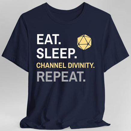 Cleric T-Shirt – 'Eat, Sleep, Channel Divinity, Repeat'-GoblinSmith