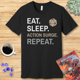 Fighter Class T-Shirt – 'Eat, Sleep, Action Surge, Repeat'-GoblinSmith