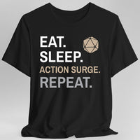 Fighter Class T-Shirt – 'Eat, Sleep, Action Surge, Repeat'-GoblinSmith