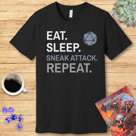 Rogue T-Shirt – 'Eat, Sleep, Sneak Attack, Repeat'-GoblinSmith