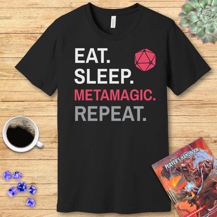 Sorcerer Class T-Shirt – 'Eat, Sleep, Metamagic, Repeat'-GoblinSmith
