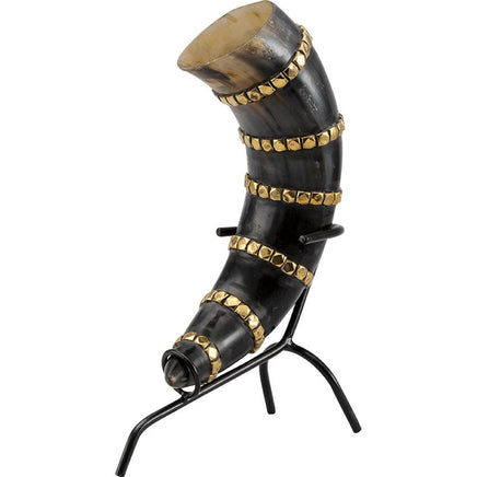 Brass Banded Drinking Horn With Stand-GoblinSmith