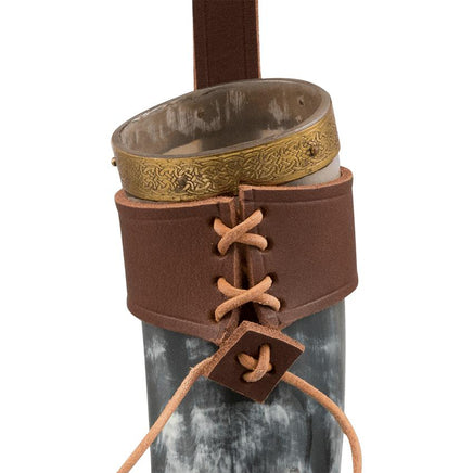 Brass Tipped Viking Drinking Horn With Leather Holder-GoblinSmith