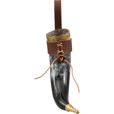 Brass Tipped Viking Drinking Horn With Leather Holder-GoblinSmith
