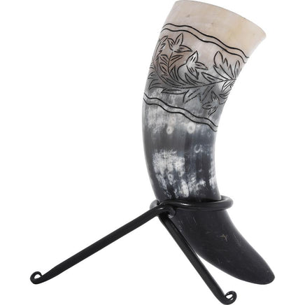 Floral Engraved Drinking Horn With Stand-GoblinSmith
