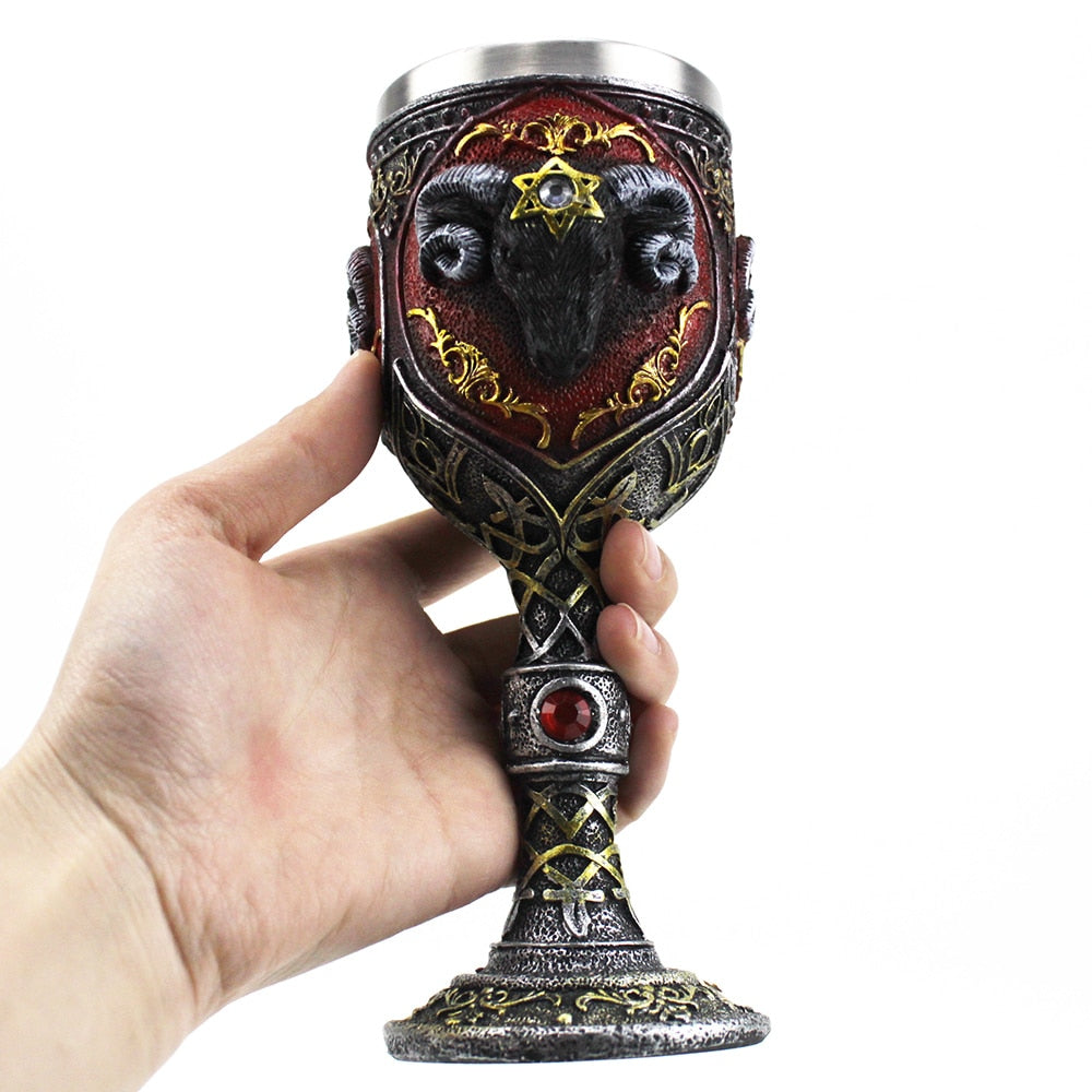 Gothic 3D Rams Head Goblet Stainless Steel & Resin Wine Goblet-GoblinSmith