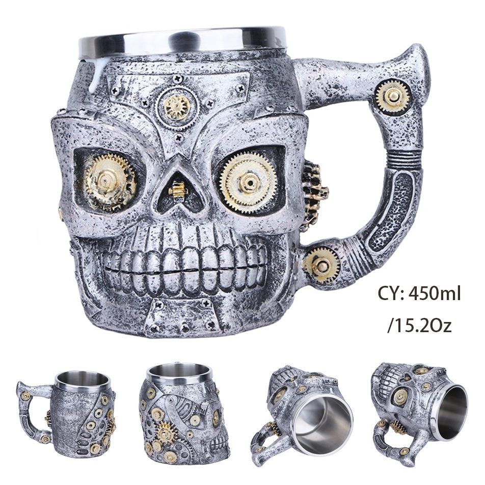 Silver Steampunk Skull Resin and Stainless Steel Insulated Mug-GoblinSmith