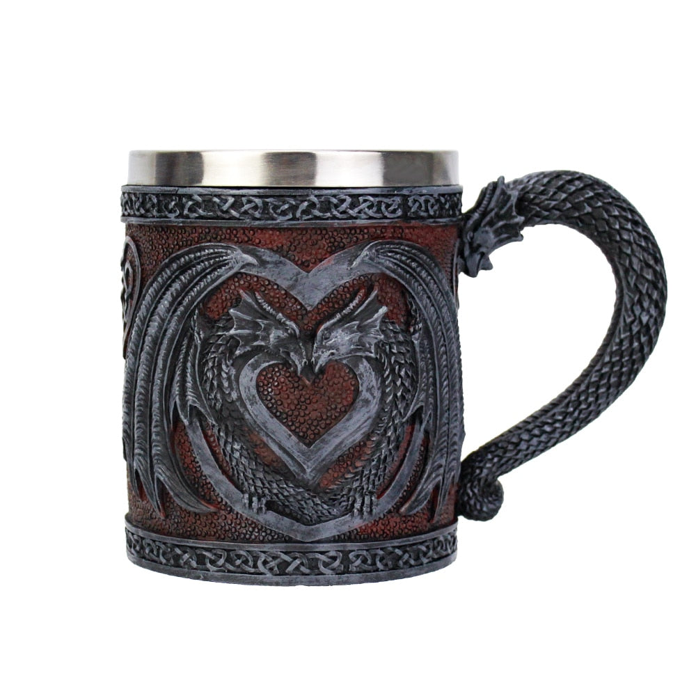 Medieval Double Dragon Wine Goblet Stainless Steel Beer Cup Drinking Vessel Double Dragon Heart Goblet/Mug Halloween Gift-GoblinSmith